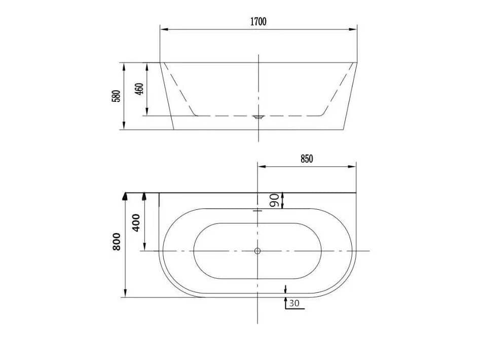 Gracie back-to-wall bath technical drawing with dimensions