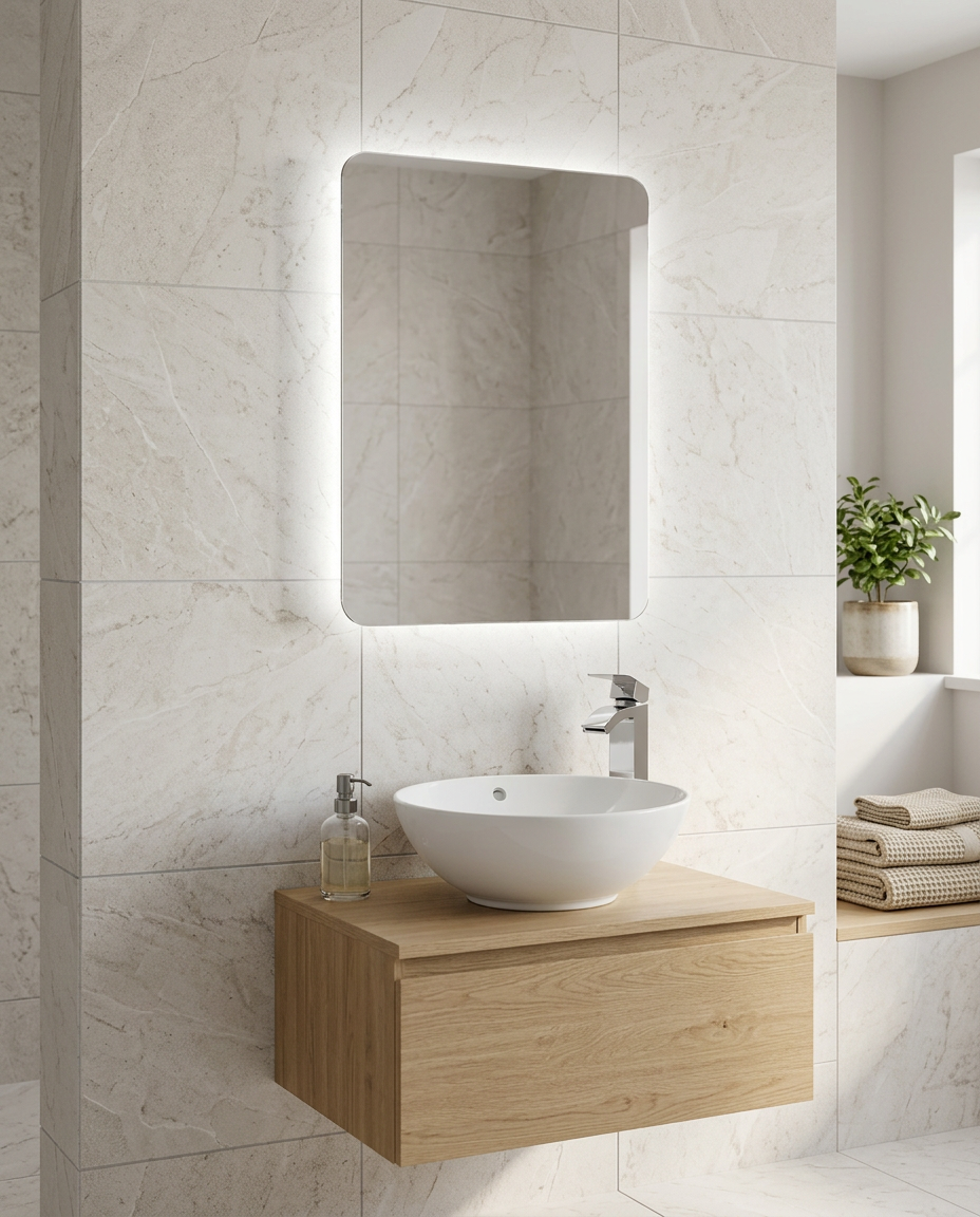 Grasmere Backlit LED Mirror with Shaver Socket in a bright modern bathroom