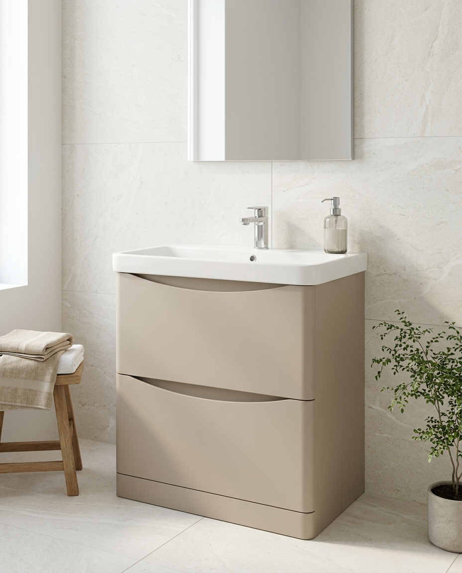 Halden 500mm Floor Standing Vanity Unit & Basin, 2 Drawers, cashmere in a bright modern bathroom