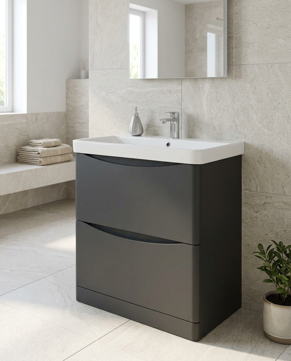 Halden 500mm Floor Standing Vanity Unit & Basin, 2 Drawers, matt graphite in a bright modern bathroom