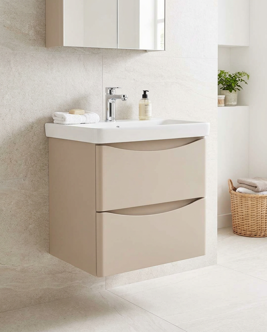 Halden 500mm Wall Hung Vanity Unit & Basin, 2 Drawers, cashmere in a bright modern bathroom