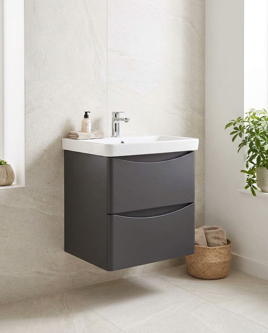Halden 500mm Wall Hung Vanity Unit & Basin, 2 Drawers, matt graphite in a bright modern bathroom