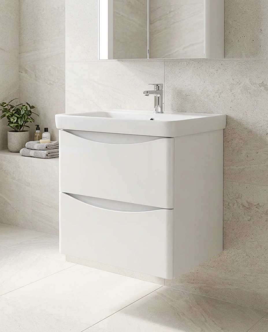Halden 500mm Wall Hung Vanity Unit & Basin, 2 Drawers, white gloss in a bright modern bathroom