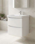Halden 500mm Wall Hung Vanity Unit & Basin, 2 Drawers, white gloss in a bright modern bathroom