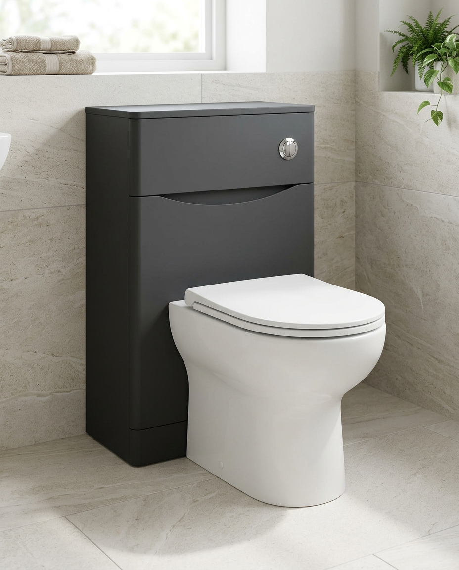 Halden 500mm WC Unit, matt graphite in a bright modern bathroom