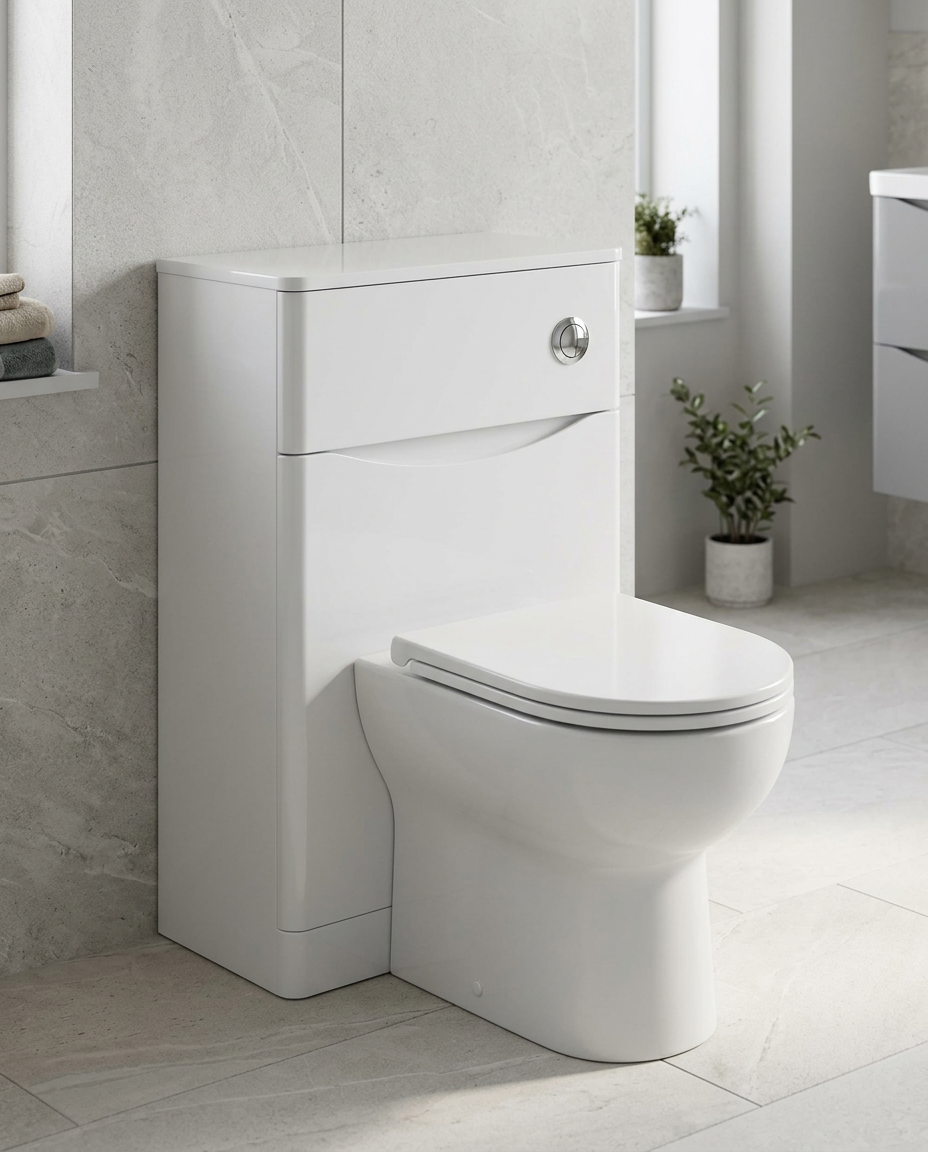 Halden 500mm WC Unit, white gloss in a bright modern bathroom