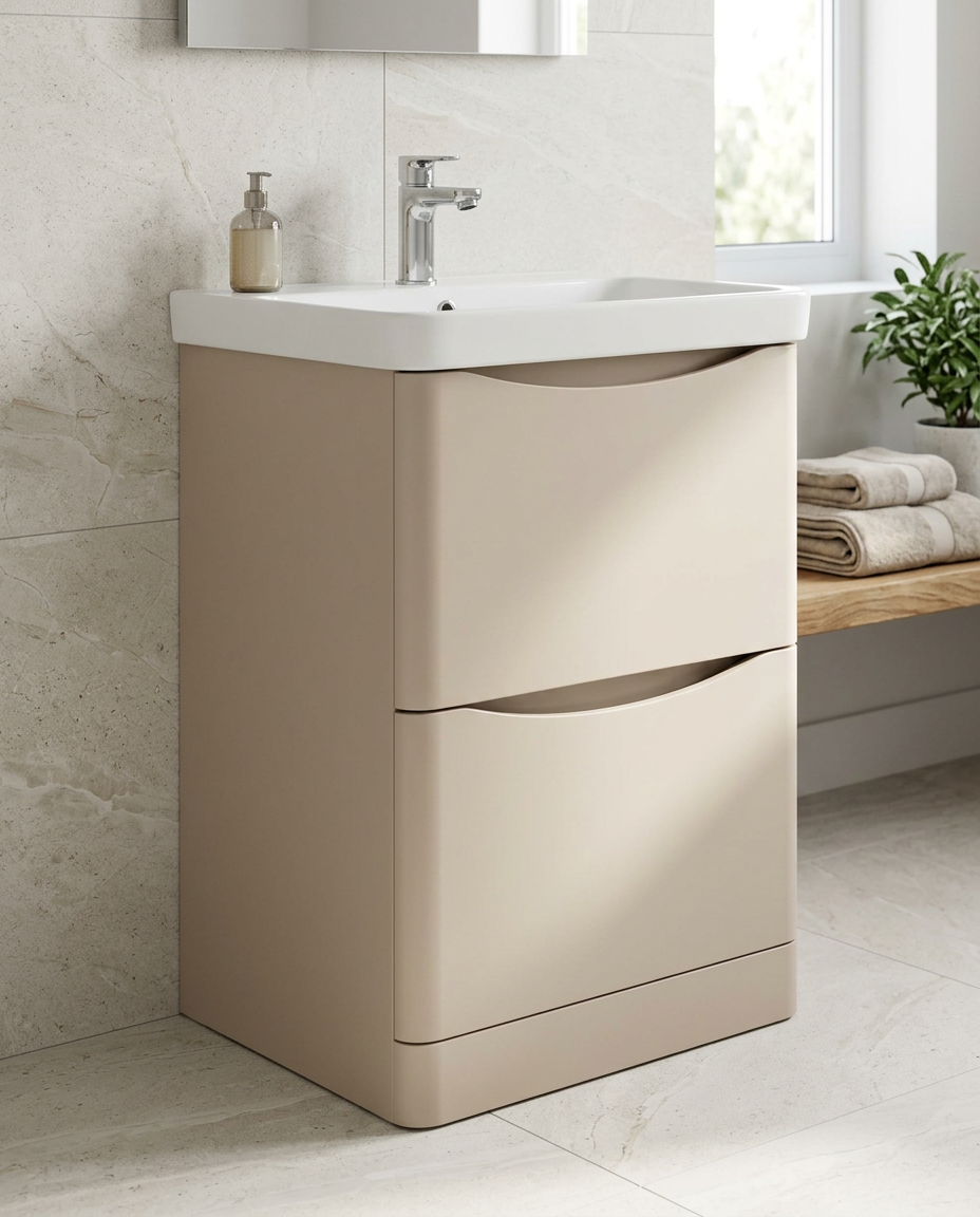 Halden 600mm Floor Standing Vanity Unit & Basin, 2 Drawers, cashmere in a bright modern bathroom