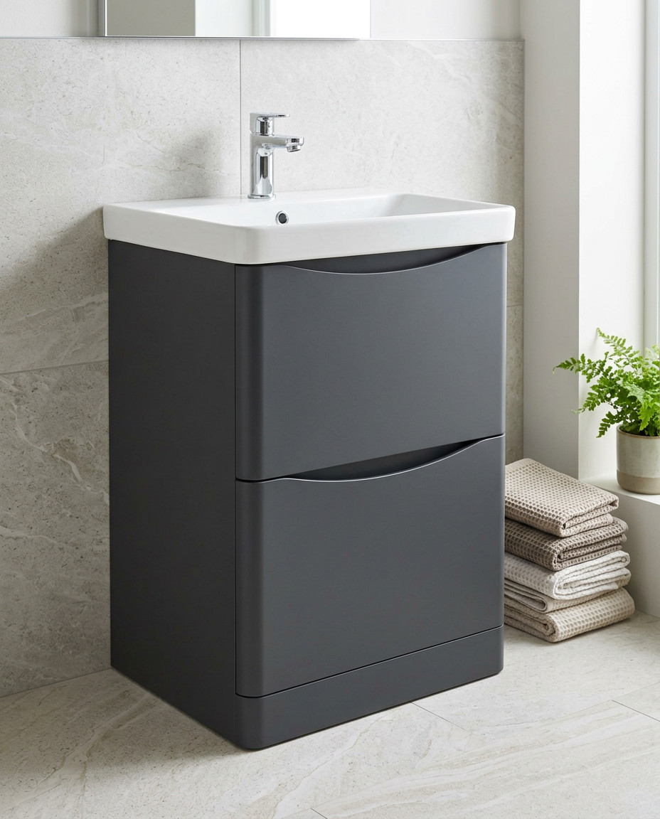 Halden 600mm Floor Standing Vanity Unit & Basin, 2 Drawers, matt graphite in a bright modern bathroom