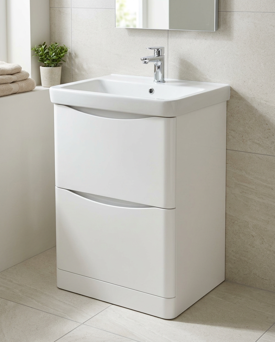 Halden 600mm Floor Standing Vanity Unit & Basin, 2 Drawers, white gloss in a bright modern bathroom