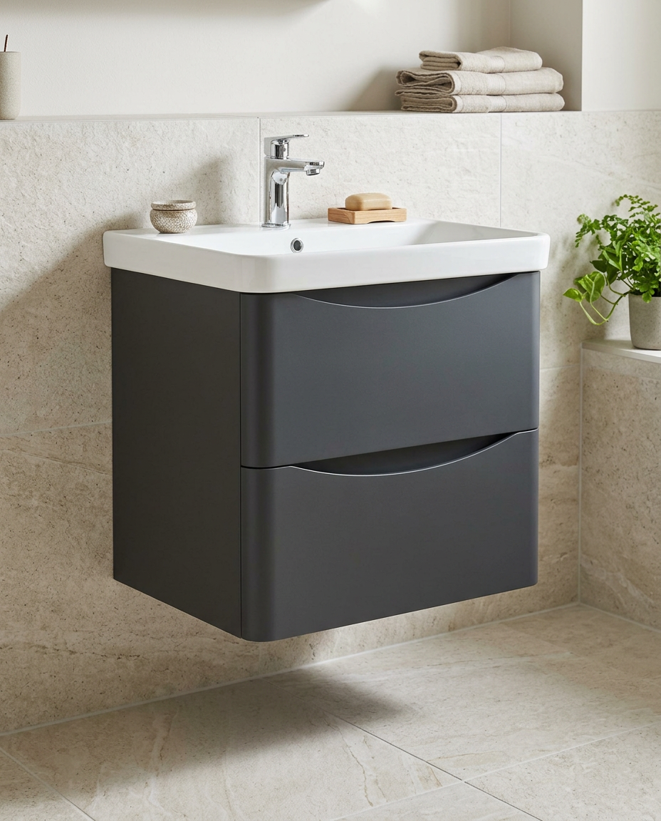 Halden 600mm Wall Hung Vanity Unit & Basin, 2 Drawers, matt graphite in a bright modern bathroom