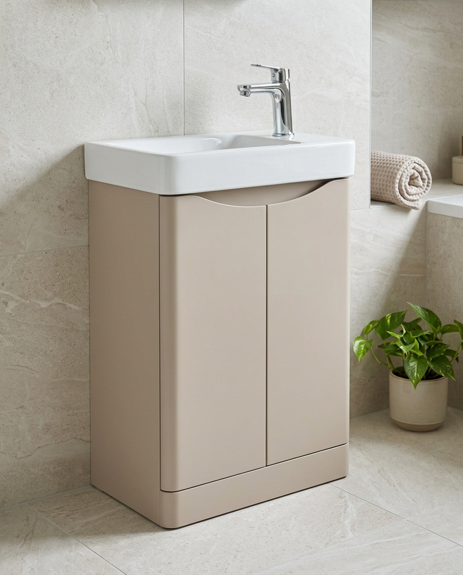 Halden Floor Standing Cloakroom Unit & Basin, cashmere in a bright modern bathroom