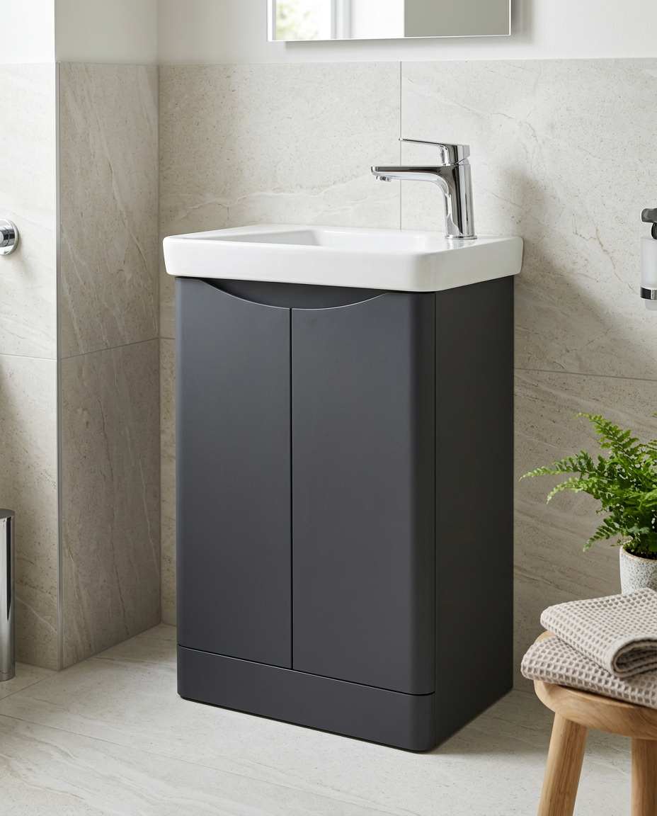 Halden Floor Standing Cloakroom Unit & Basin, matt graphite in a bright modern bathroom