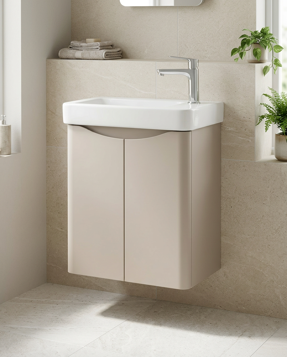 Halden Wall Hung Cloakroom Unit & Basin, cashmere in a bright modern bathroom