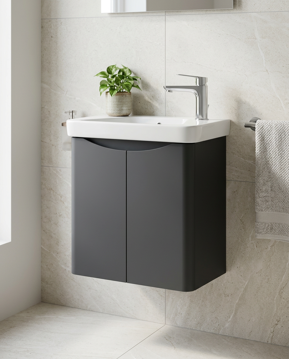 Halden Wall Hung Cloakroom Unit & Basin, matt graphite in a bright modern bathroom