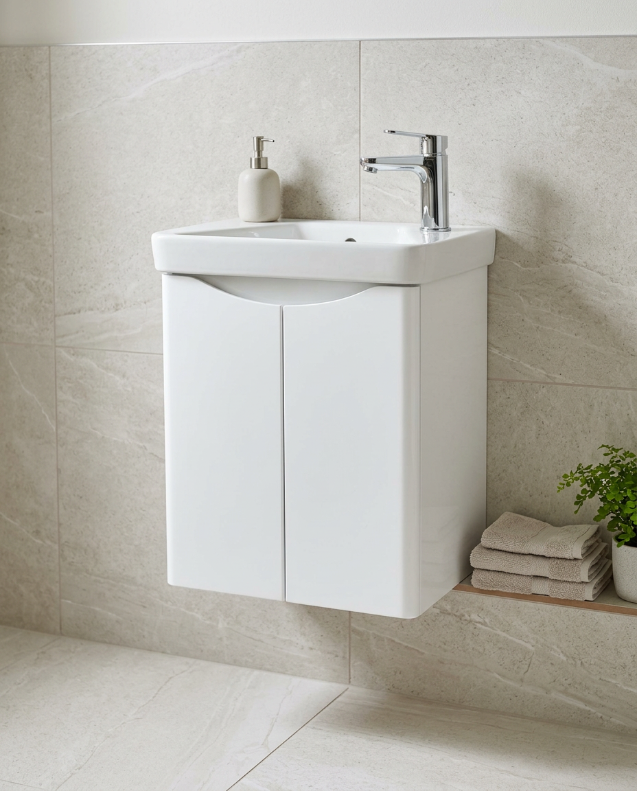 Halden Wall Hung Cloakroom Unit & Basin, white gloss in a bright modern bathroom