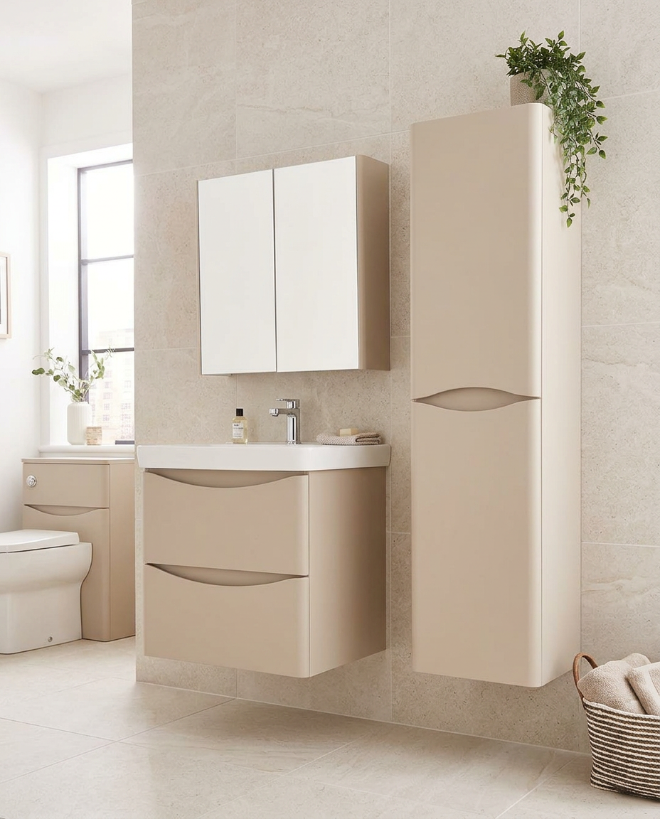Halden Wall Mounted Side Unit, cashmere in a bright modern bathroom