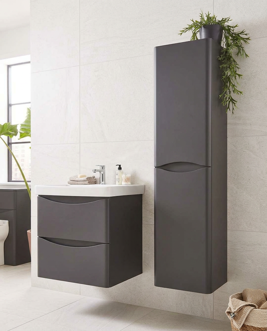 Halden Wall Mounted Side Unit, matt graphite in a bright modern bathroom