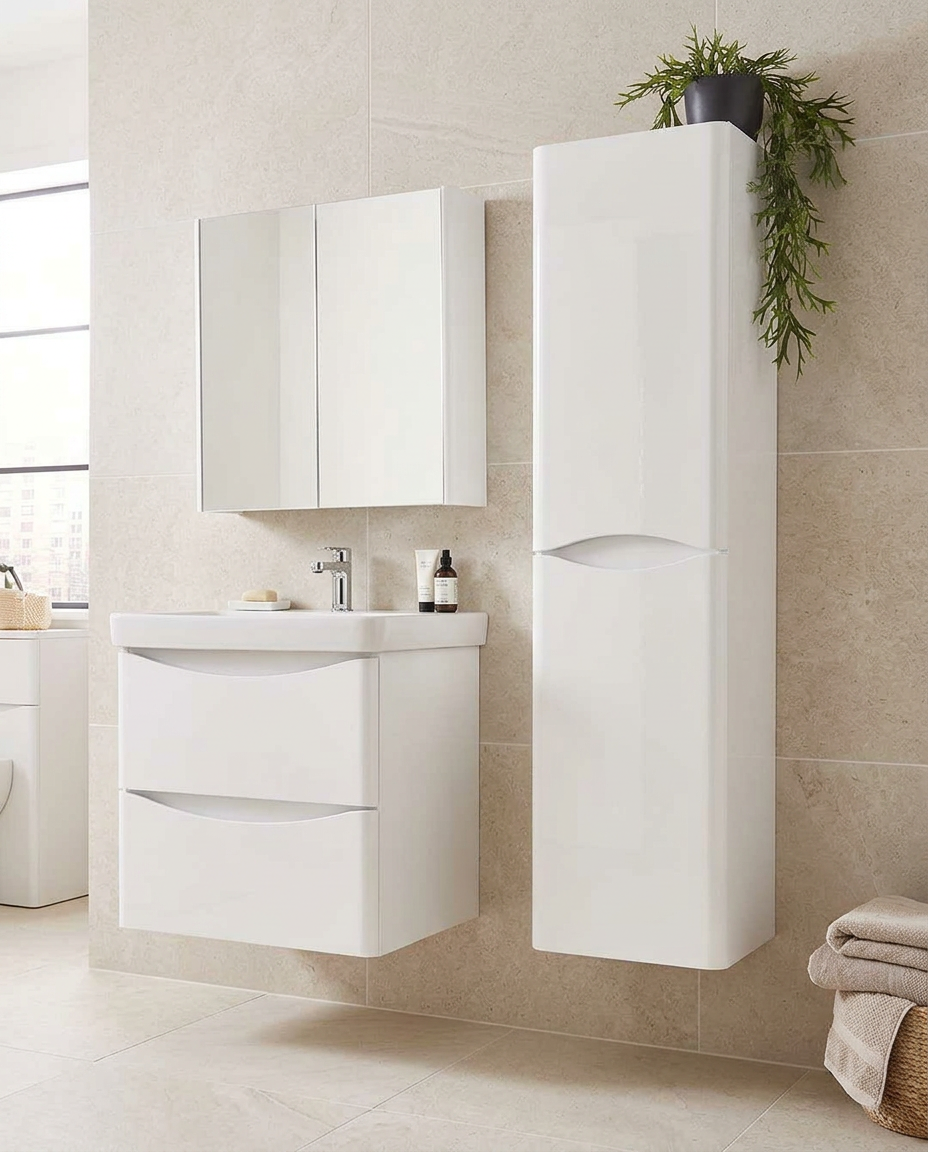 Halden Wall Mounted Side Unit, white gloss in a bright modern bathroom