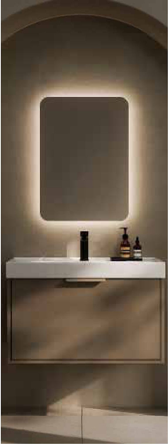 Halia Rectangular Backlit LED Mirror in a bathroom setting