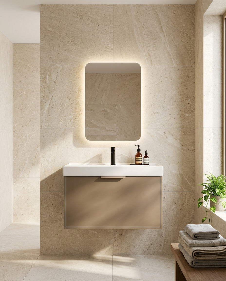 Halia Rectangular Backlit LED Mirror in a bright modern bathroom
