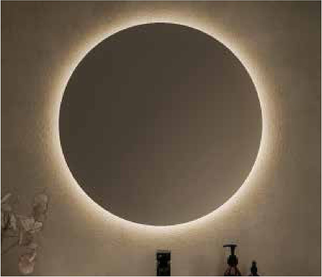 Halia Round Backlit LED Mirror in a bathroom setting