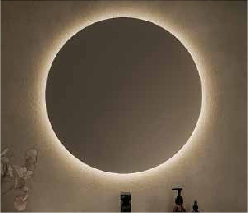 Halia Round Backlit LED Mirror in a bathroom setting