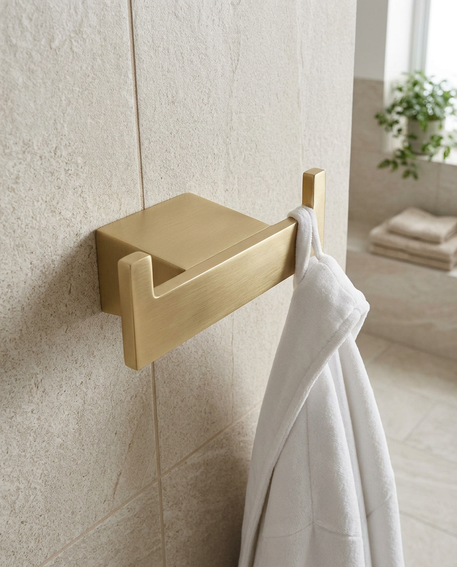 Halo Robe Hook, brushed brass in a bright modern bathroom