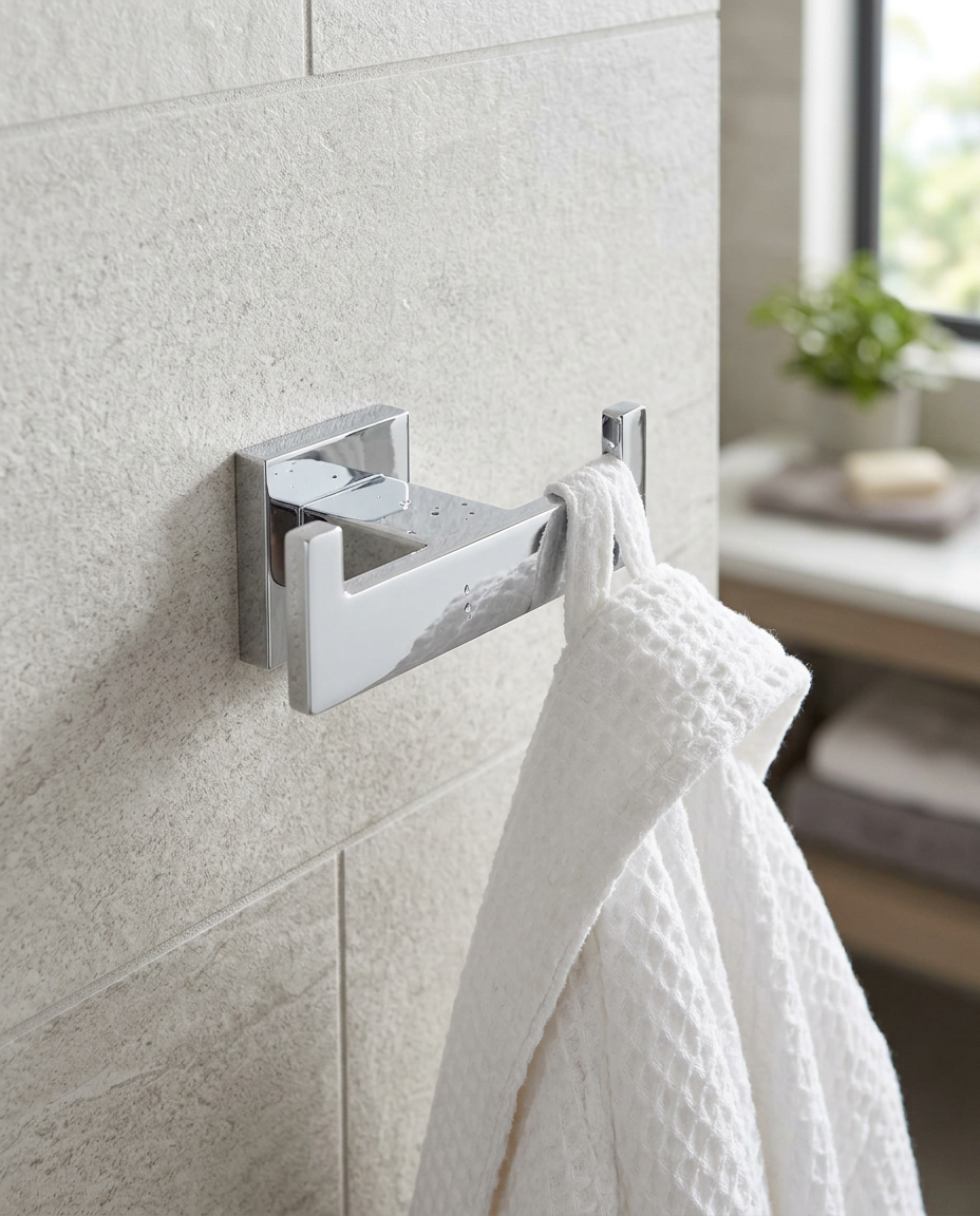Halo Robe Hook, chrome in a bright modern bathroom