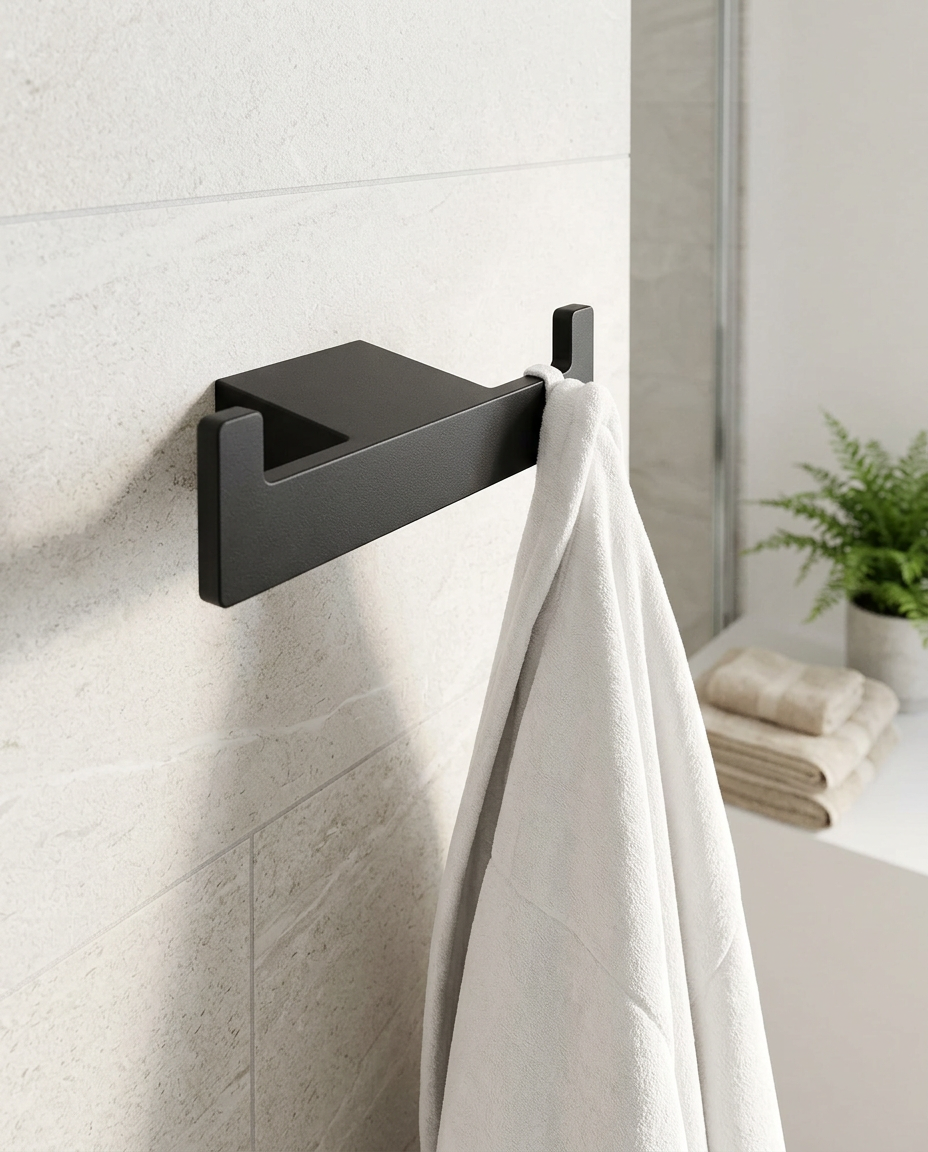 Halo Robe Hook, matt black in a bright modern bathroom