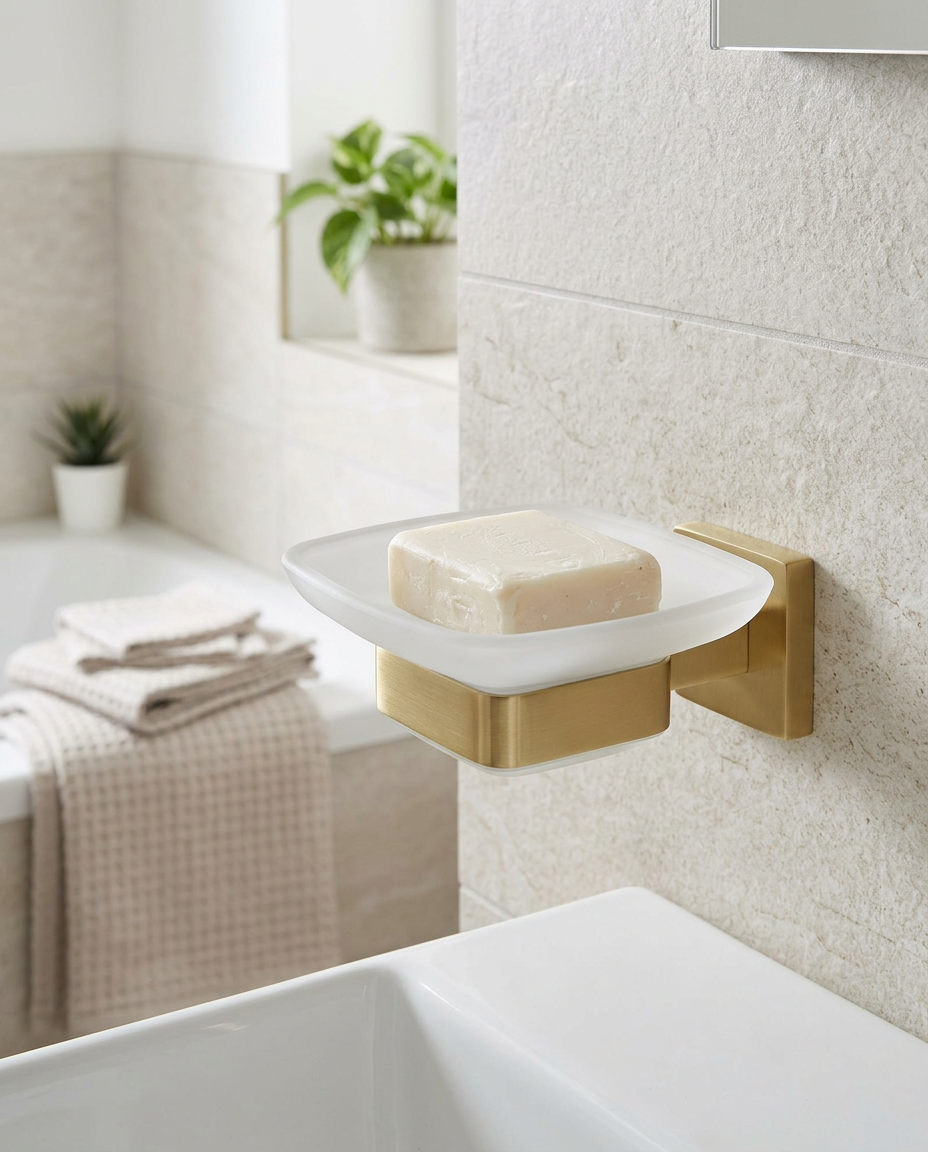 Halo Soap Dish, brushed brass in a bright modern bathroom