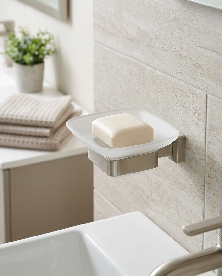 Halo Soap Dish, brushed nickel in a bright modern bathroom
