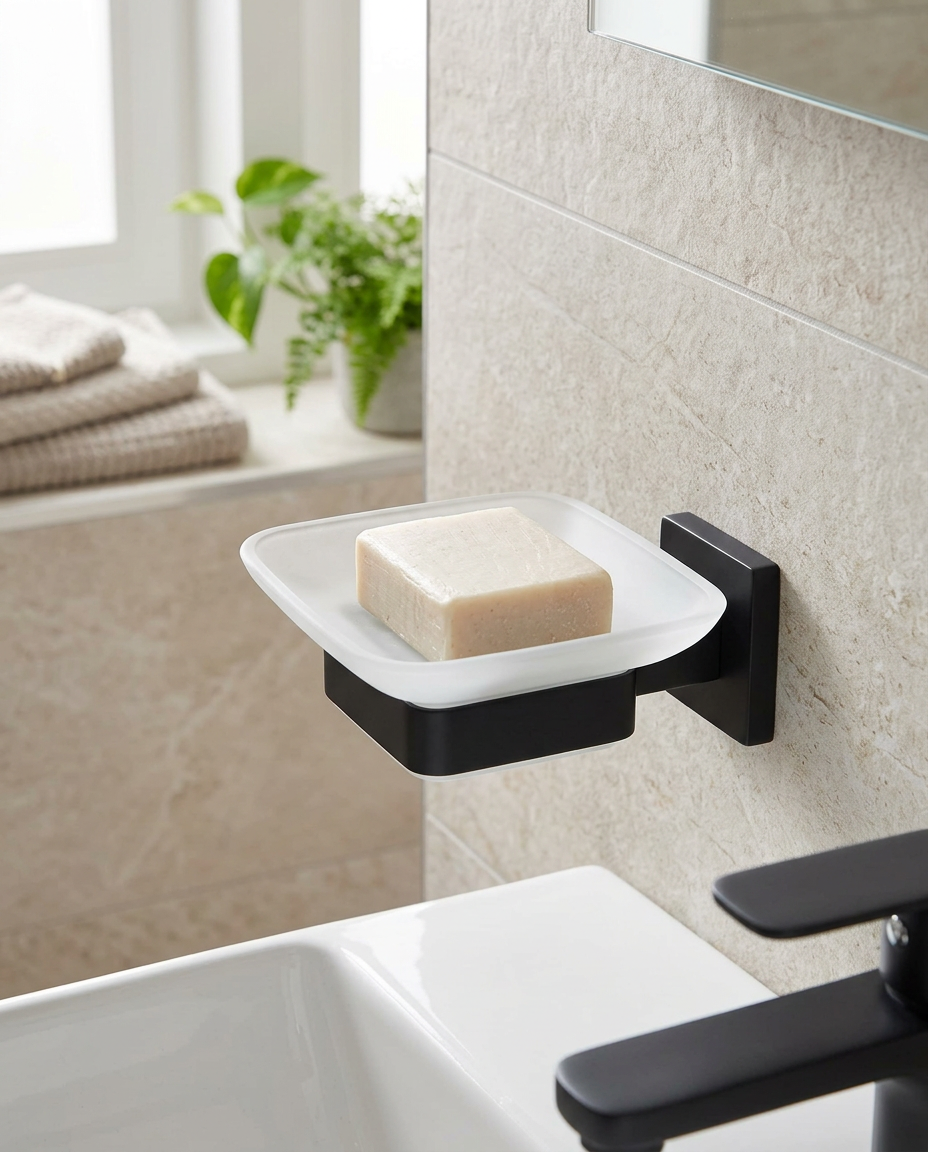 Halo Soap Dish, matt black in a bright modern bathroom