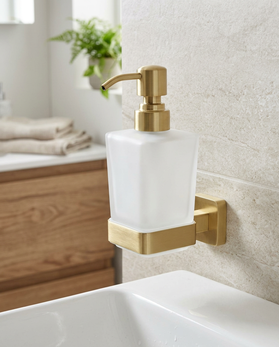 Halo Soap Dispenser, brushed brass in a bright modern bathroom
