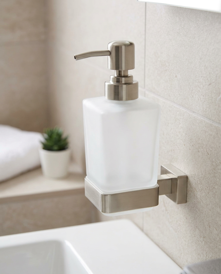 Halo Soap Dispenser, brushed nickel in a bright modern bathroom