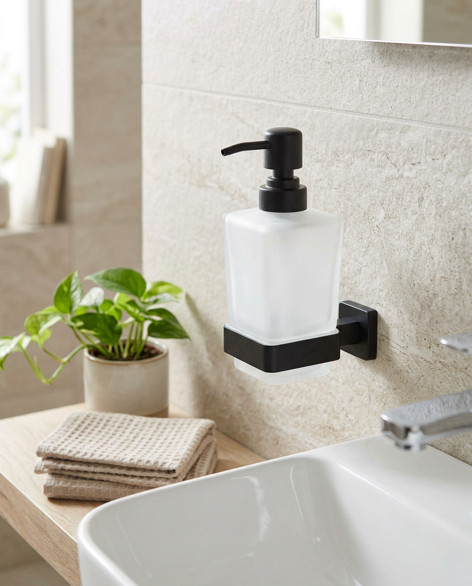Halo Soap Dispenser, matt black in a bright modern bathroom