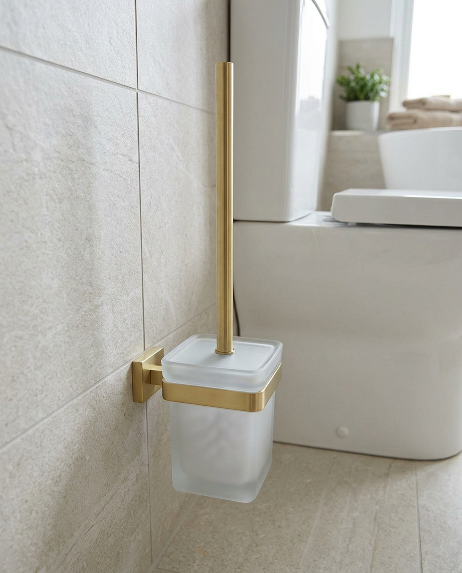 Halo Toilet Brush Set, brushed brass in a bright modern bathroom