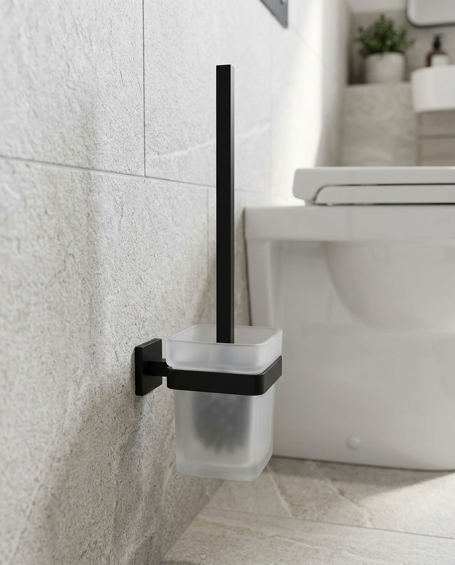 Halo Toilet Brush Set, matt black in a bright modern bathroom