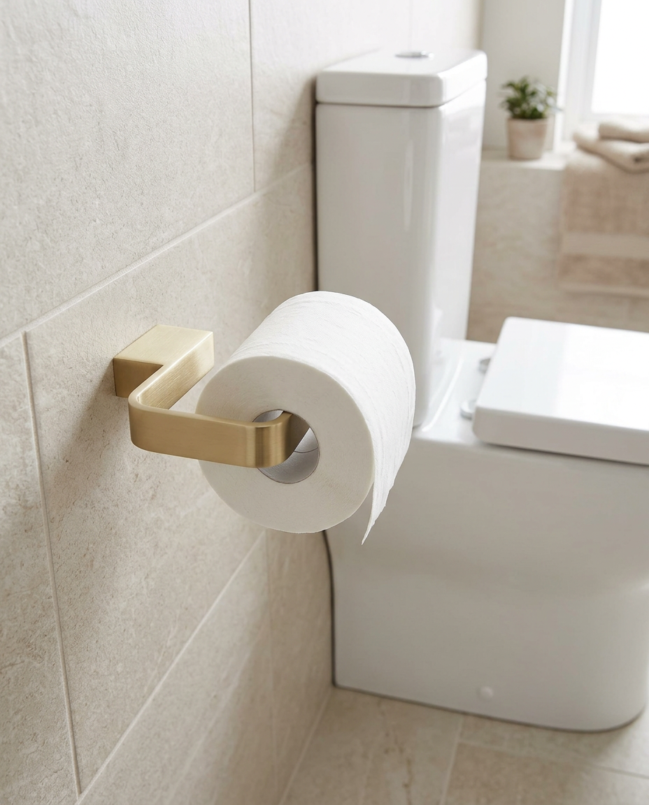Halo Toilet Roll Holder, brushed brass in a bright modern bathroom