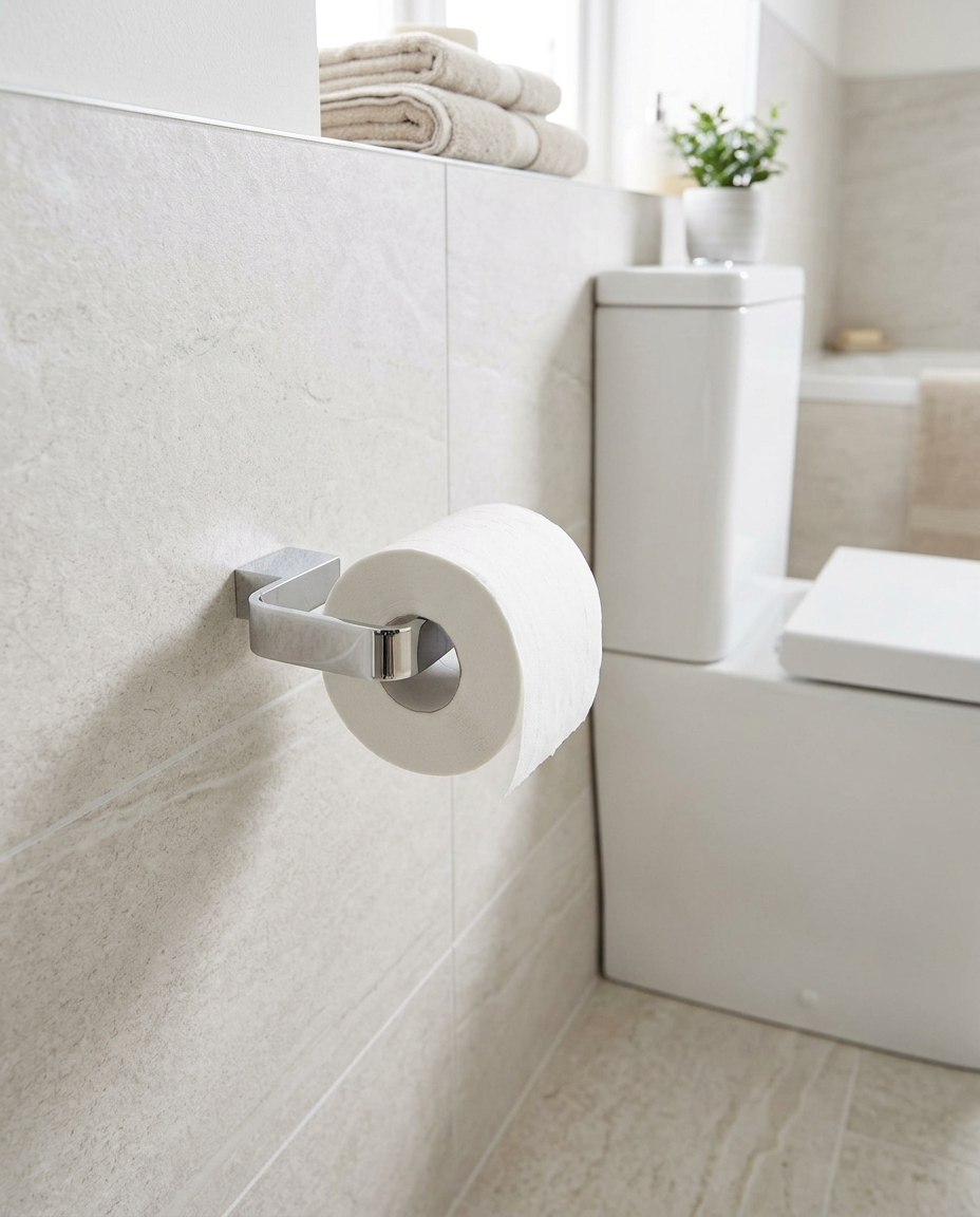 Halo Toilet Roll Holder, chrome in a bright modern bathroom