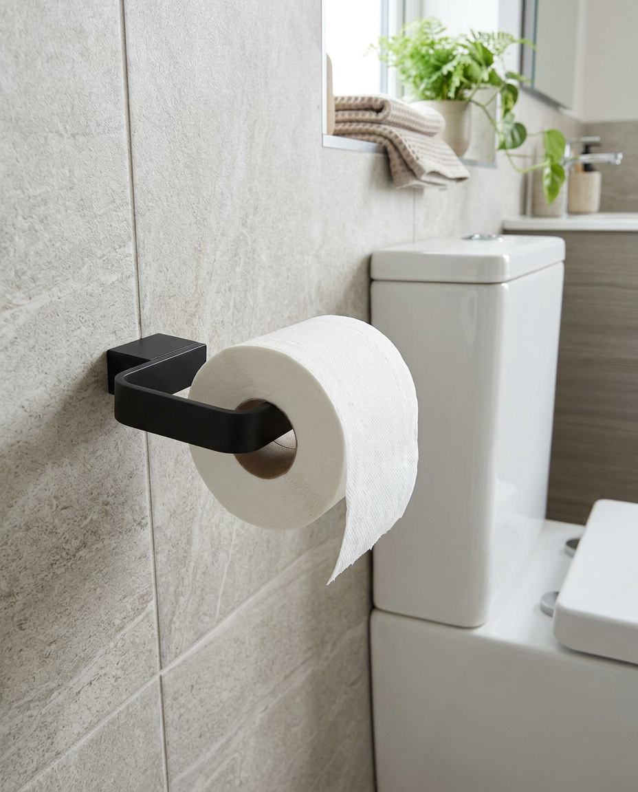 Halo Toilet Roll Holder, matt black in a bright modern bathroom