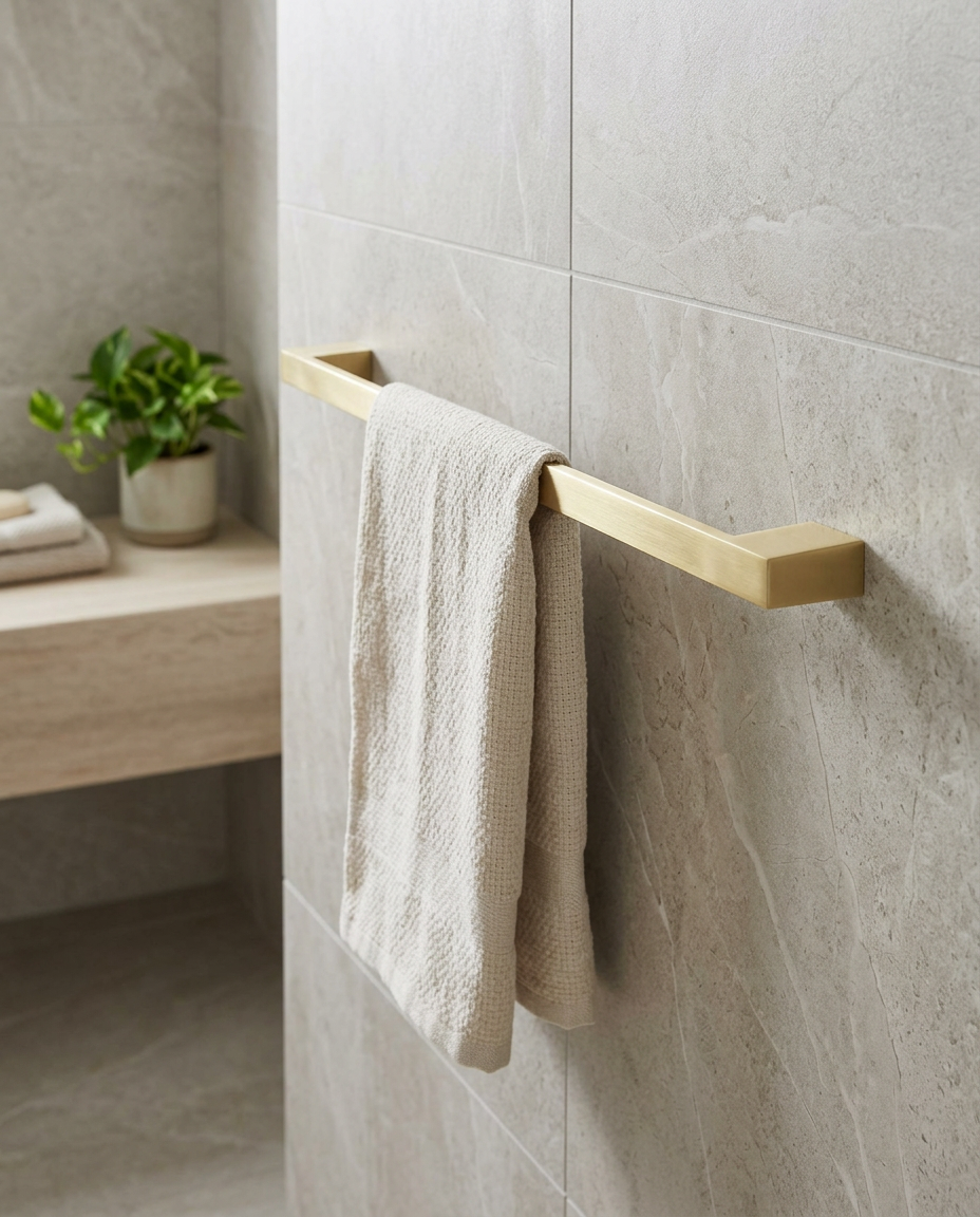 Halo Towel Bar, brushed brass in a bright modern bathroom