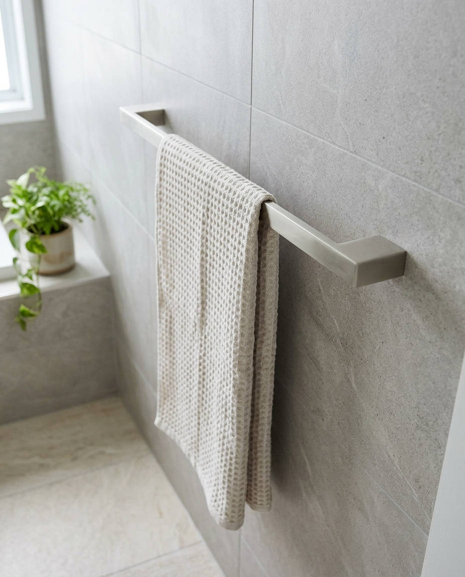 Halo Towel Bar, brushed nickel in a bright modern bathroom
