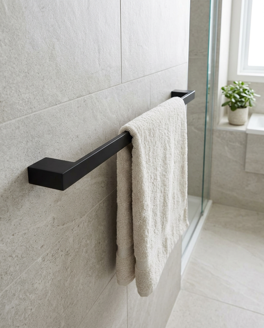 Halo Towel Bar, matt black in a bright modern bathroom