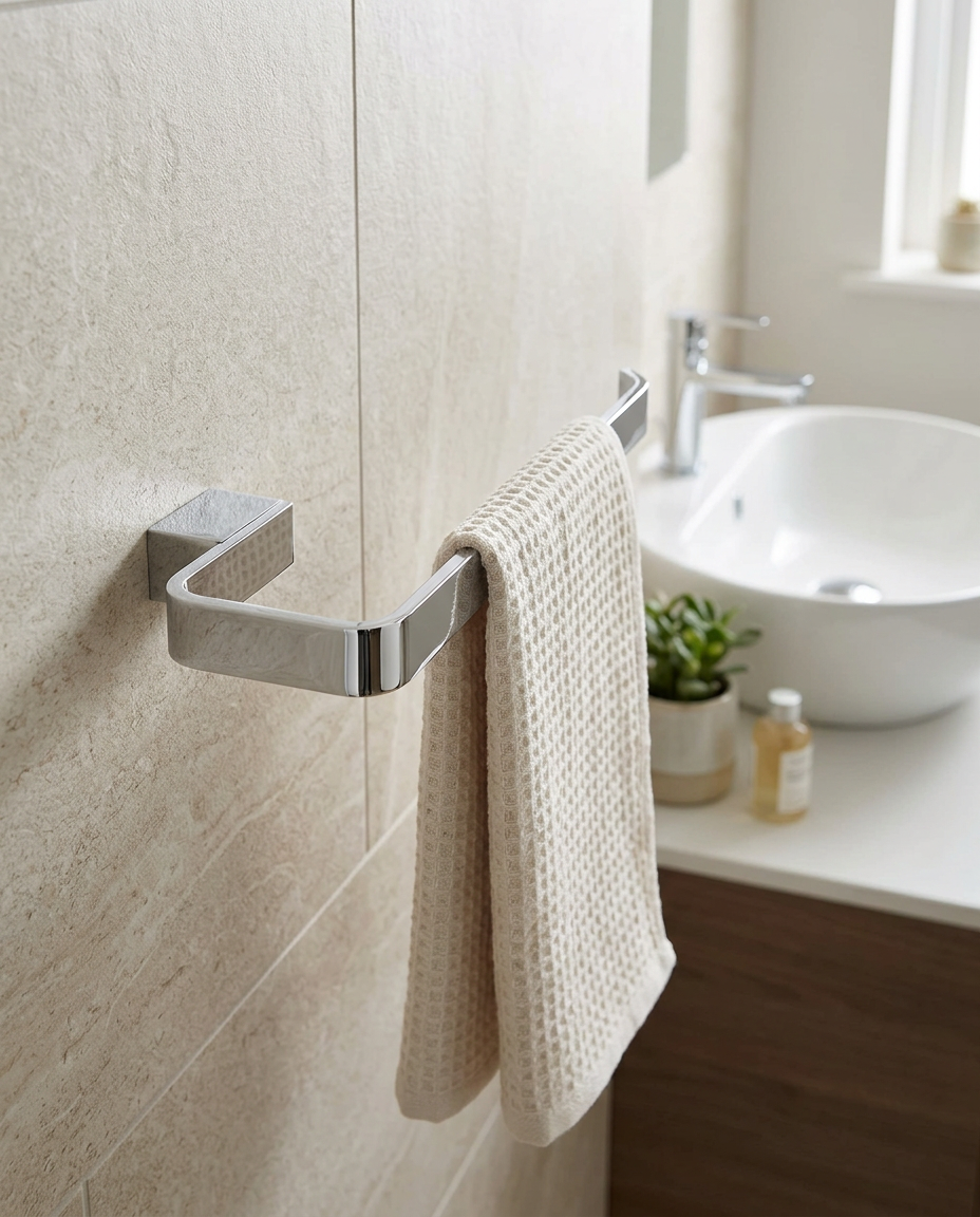 Halo Towel Ring, chrome in a bright modern bathroom