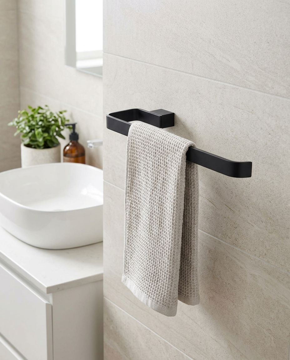 Halo Towel Ring, matt black in a bright modern bathroom