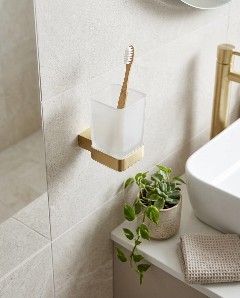Halo Tumbler Holder, brushed brass in a bright modern bathroom