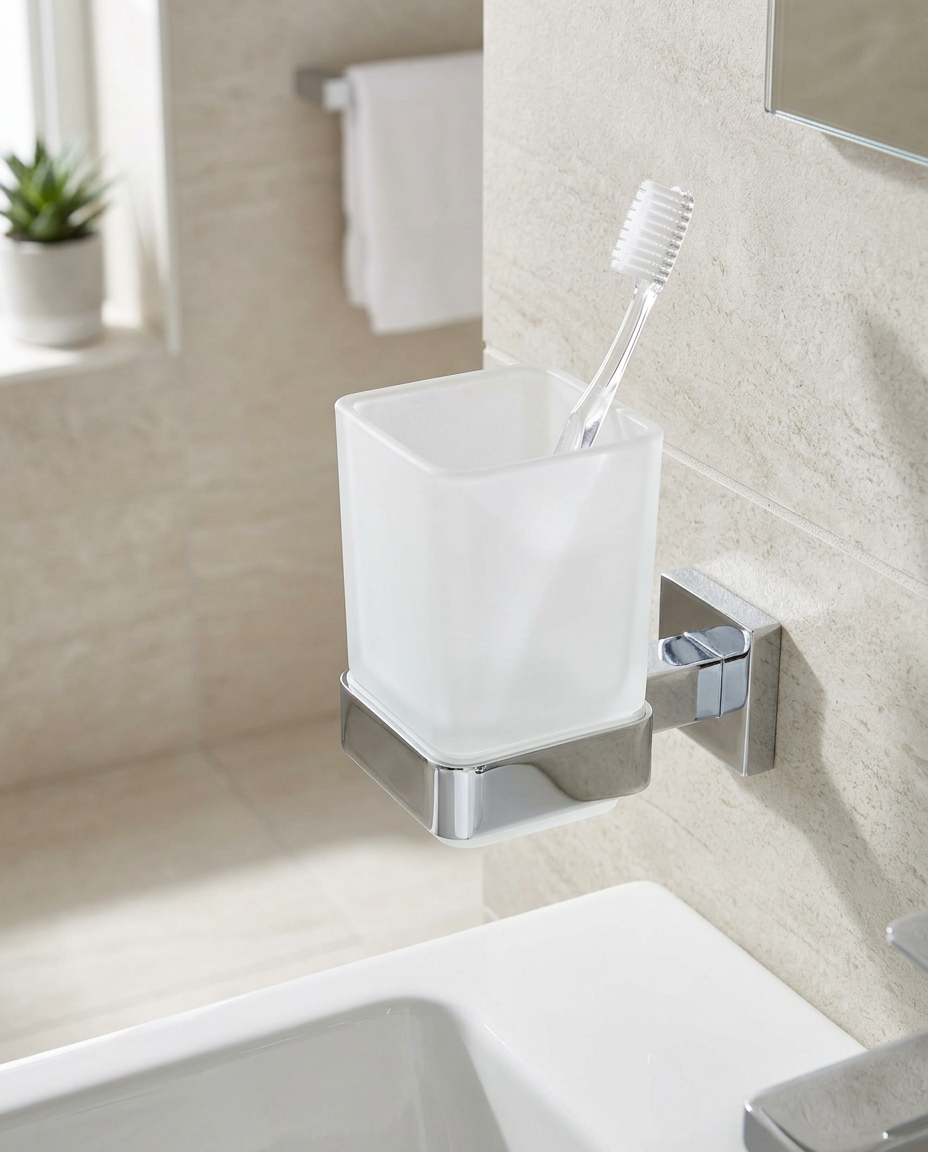 Halo Tumbler Holder, chrome in a bright modern bathroom