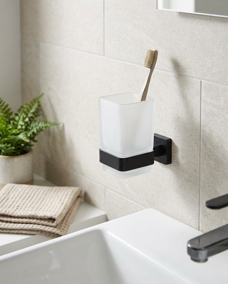 Halo Tumbler Holder, matt black in a bright modern bathroom