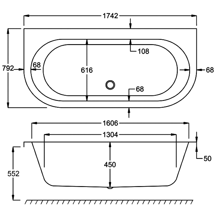 Carron Halcyon D-Shaped Bath, technical drawing