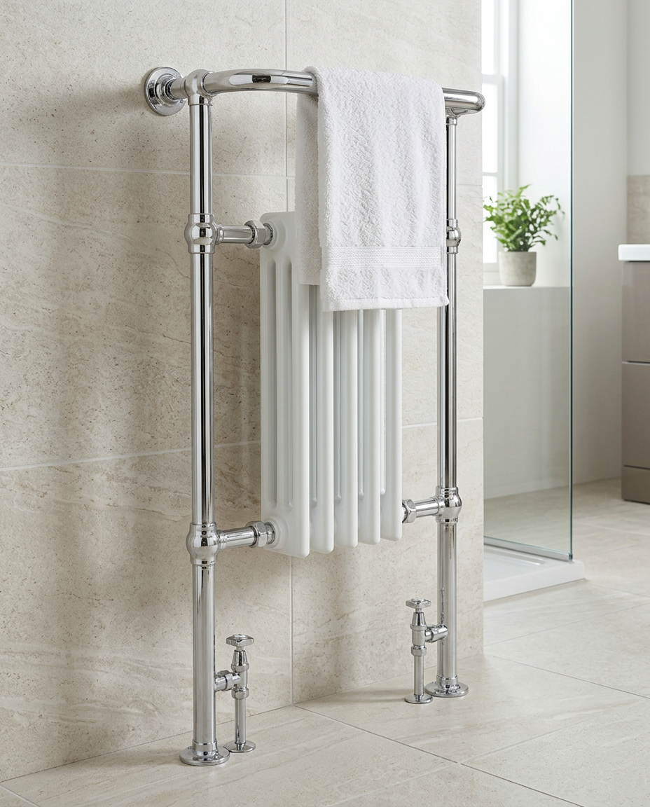 Hampstead Traditional Towel Radiator with Valves in a bright modern bathroom